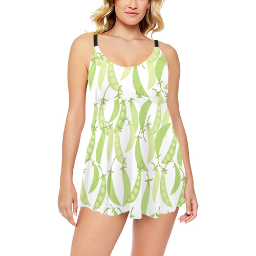 Green Peas Pattern Print Design 03 Chest Sexy Pleated Two Piece Swim Dress