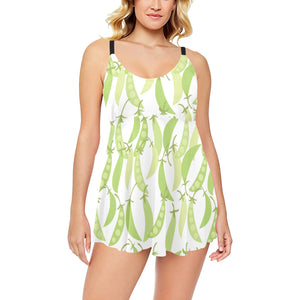 Green Peas Pattern Print Design 03 Chest Sexy Pleated Two Piece Swim Dress