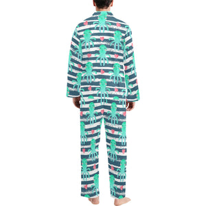 Cute octopuses heart striped background Men's Long Pajama Set