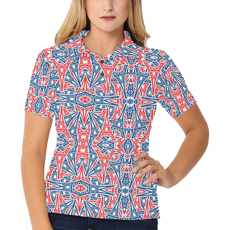 Blue Red Eiffel Tower Pattern Print Design 02 Women's All Over Print Polo Shirt
