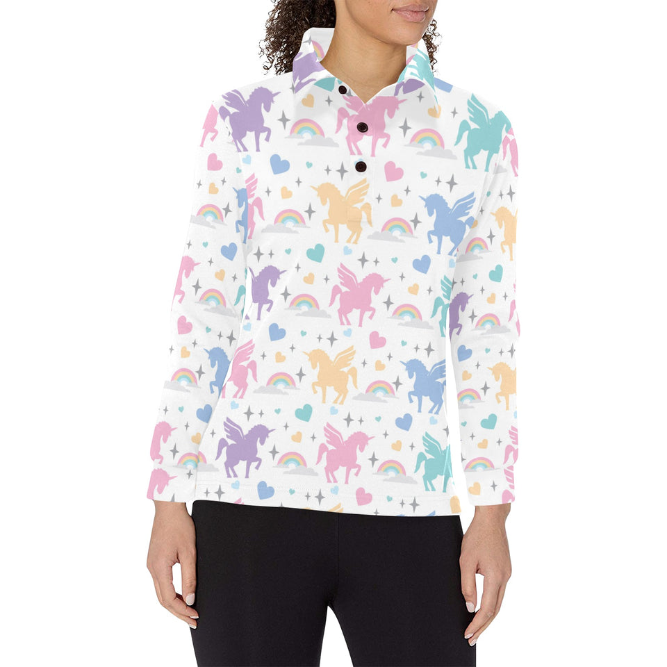 colorful unicorn rainbow heart pattern Women's Long Sleeve Polo Shirt