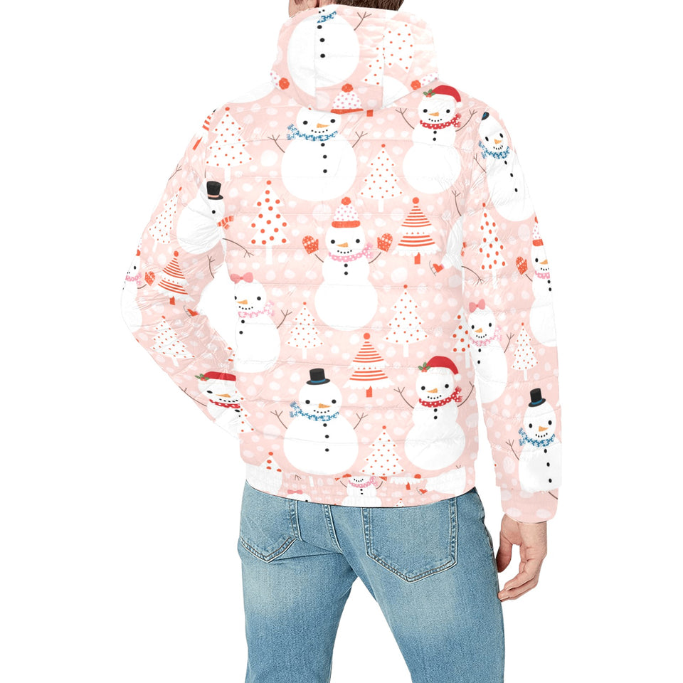 Cute snowman christmas tree snowpink background Men's Padded Hooded Jacket