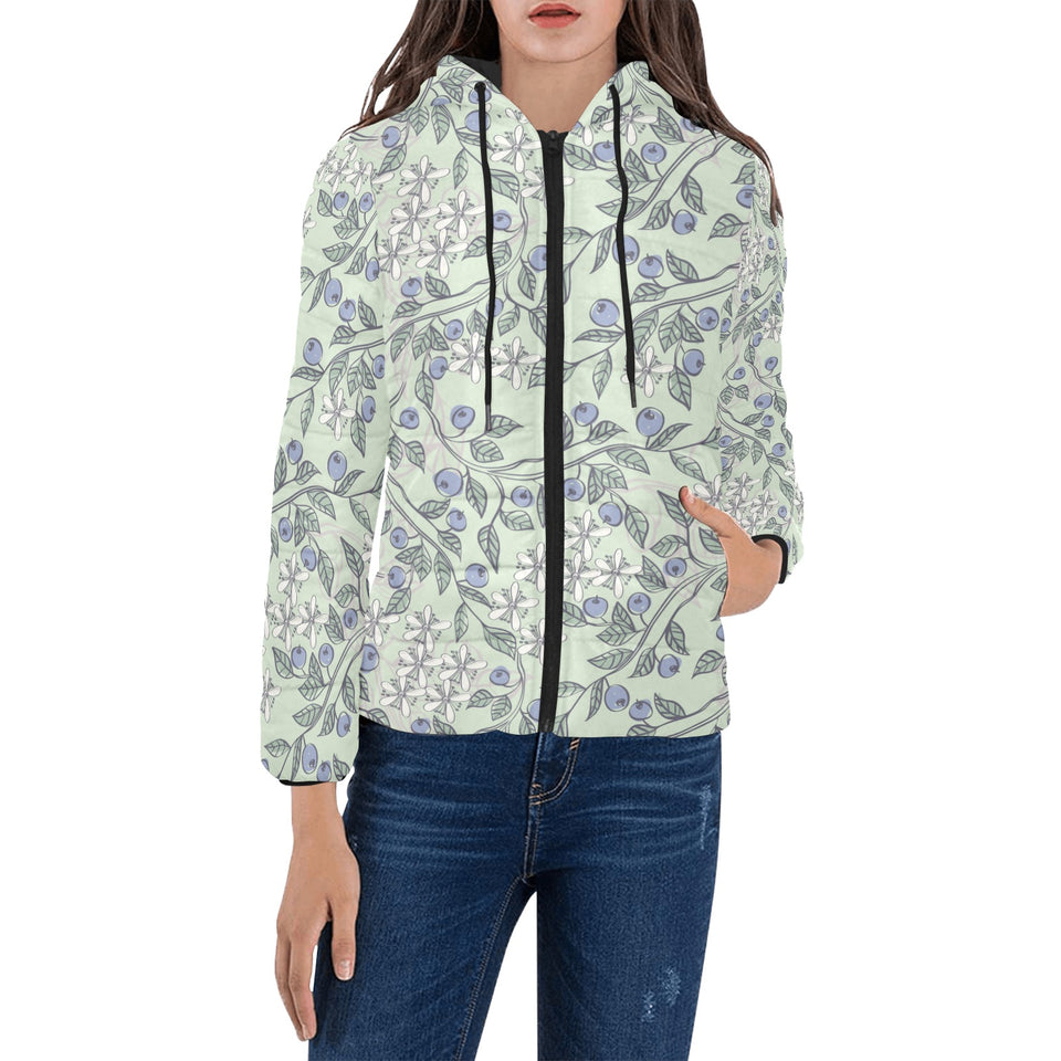 hand drawn blueberry pattern Women's Padded Hooded Jacket