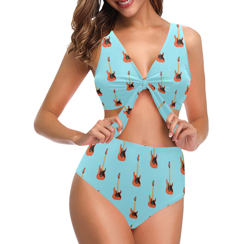 electric guitar pattern light blue background Chest Bowknot High Waisted Bikini Swimsuit