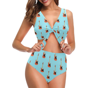 electric guitar pattern light blue background Chest Bowknot High Waisted Bikini Swimsuit