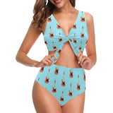electric guitar pattern light blue background Chest Bowknot High Waisted Bikini Swimsuit
