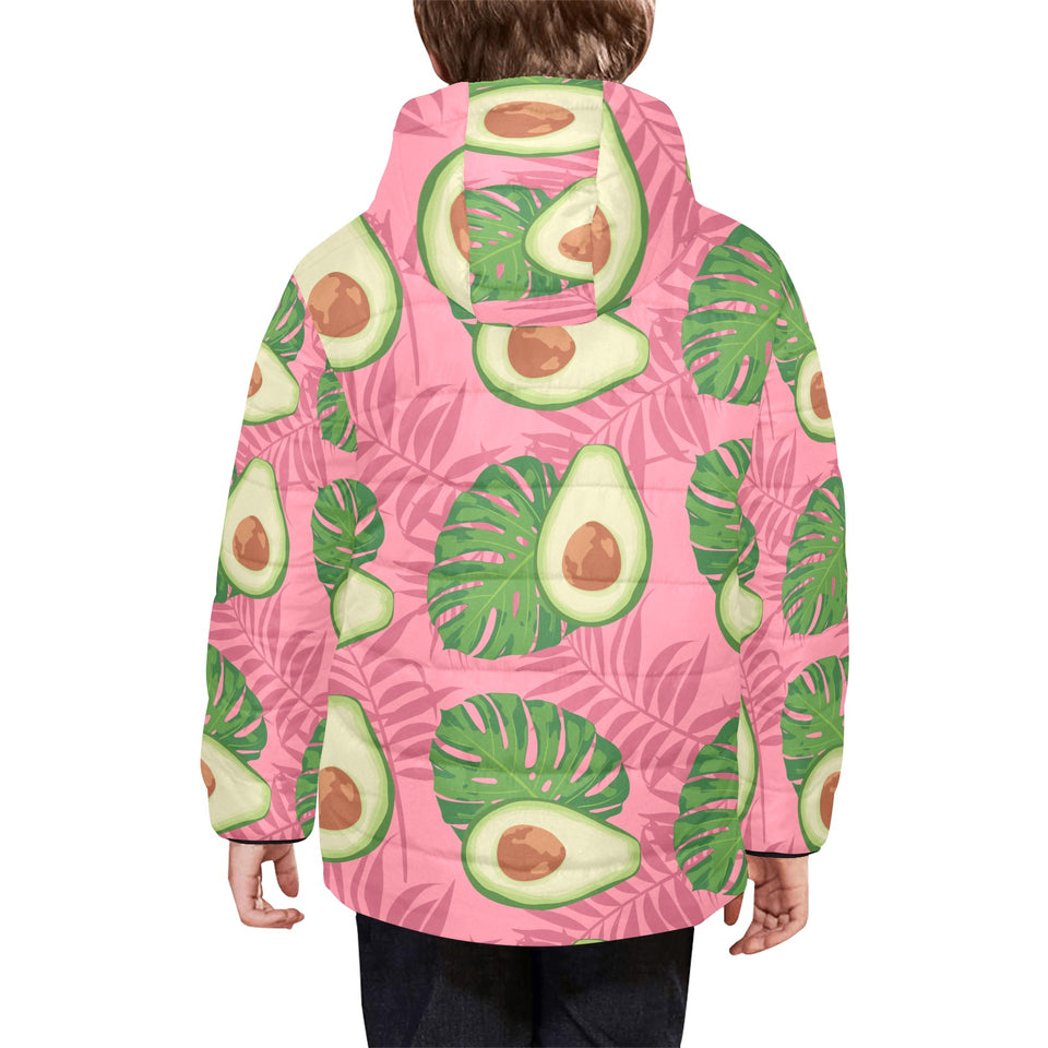 Avocado slices leaves pink back ground Kids' Boys' Girls' Padded Hooded Jacket