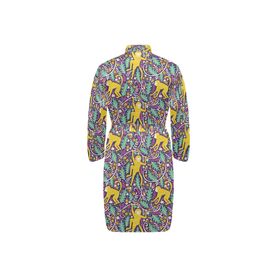 Cute yellow monkey leaves pattern Men's Long Sleeve Belted Night Robe