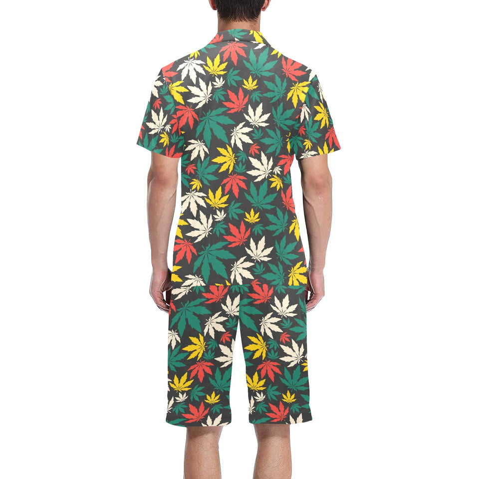 Canabis Marijuana Weed Pattern Print Design 02 Men's V-Neck Short Pajama Set