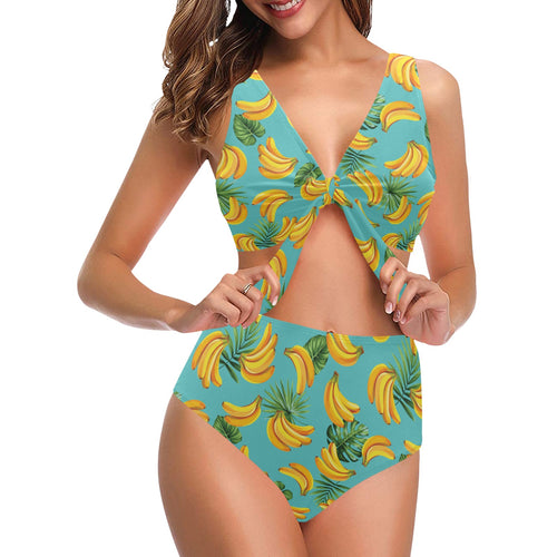 Banana Palm Leaves pattern background Chest Bowknot High Waisted Bikini Swimsuit
