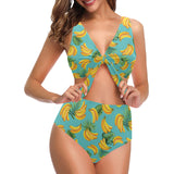 Banana Palm Leaves pattern background Chest Bowknot High Waisted Bikini Swimsuit