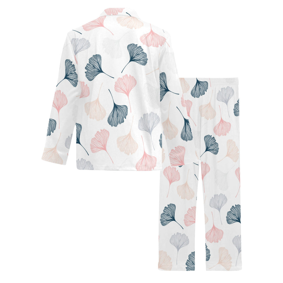 Black Gray Cream coral ginkgo leaves pattern Men's Long Pajama Set