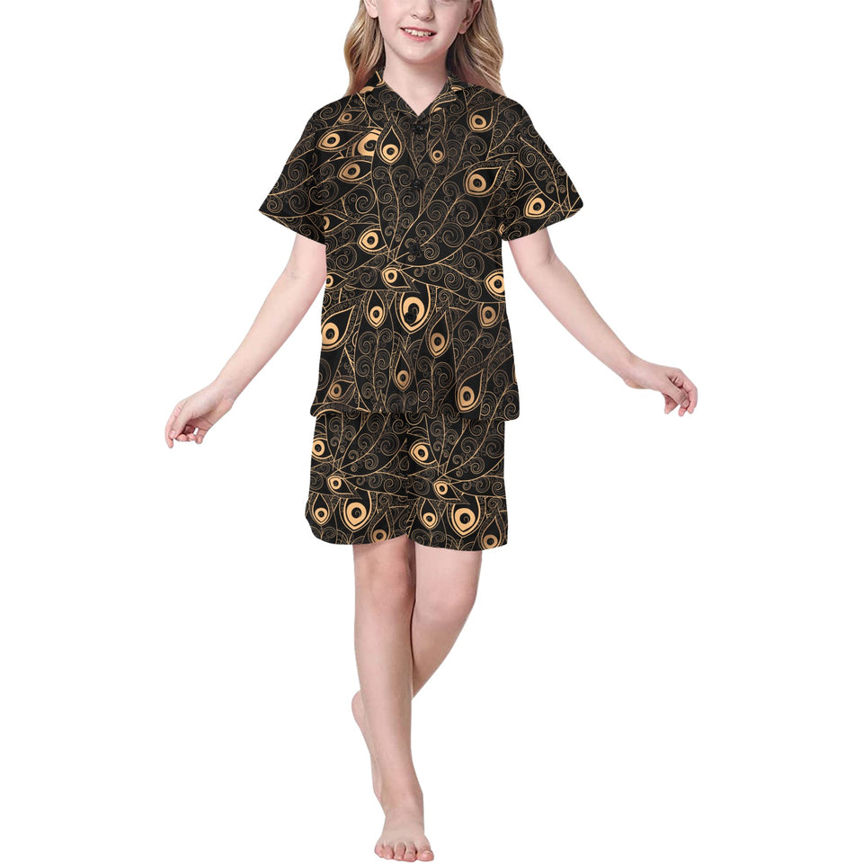 Gold peacock feather pattern Kids' Boys' Girls' V-Neck Short Pajama Set