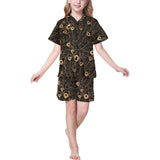 Gold peacock feather pattern Kids' Boys' Girls' V-Neck Short Pajama Set