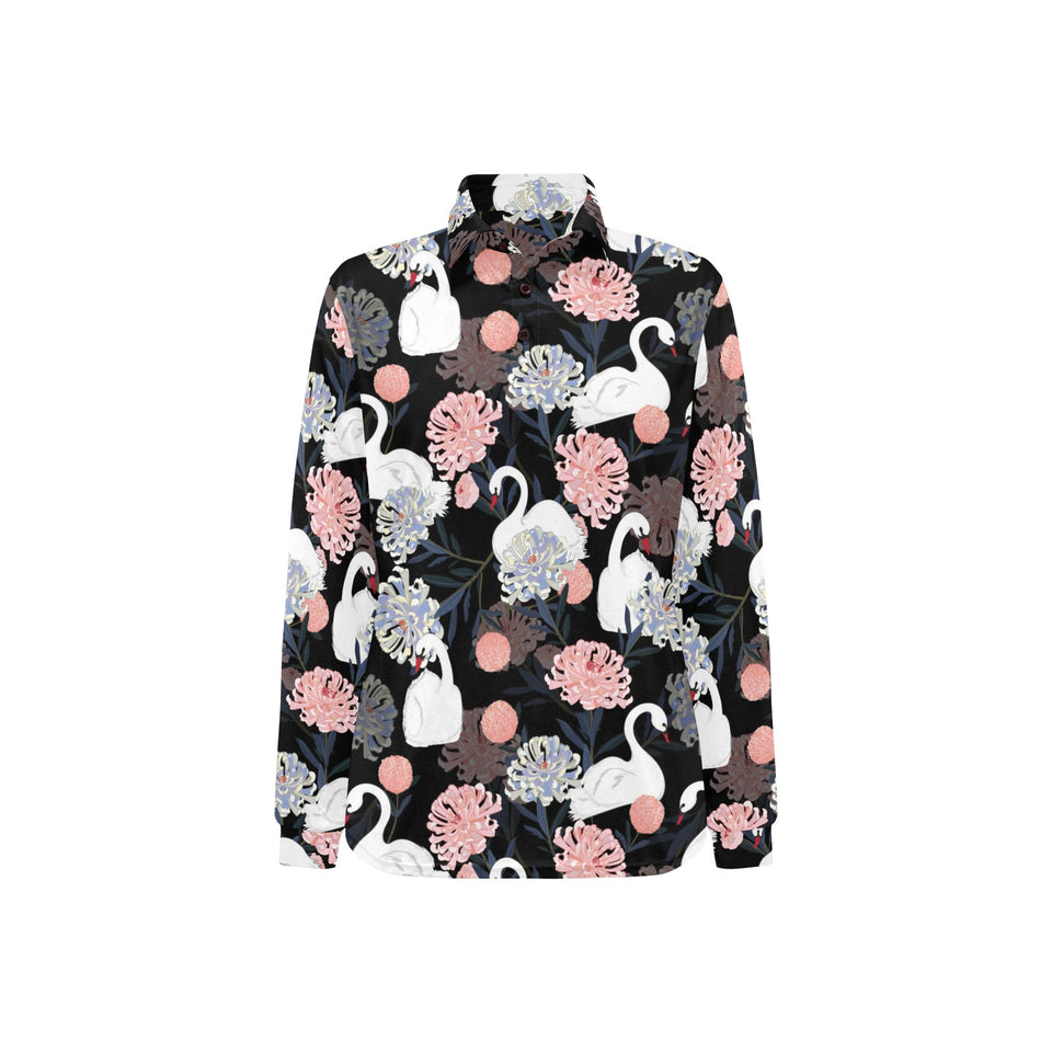 white swan blooming flower pattern Women's Long Sleeve Polo Shirt