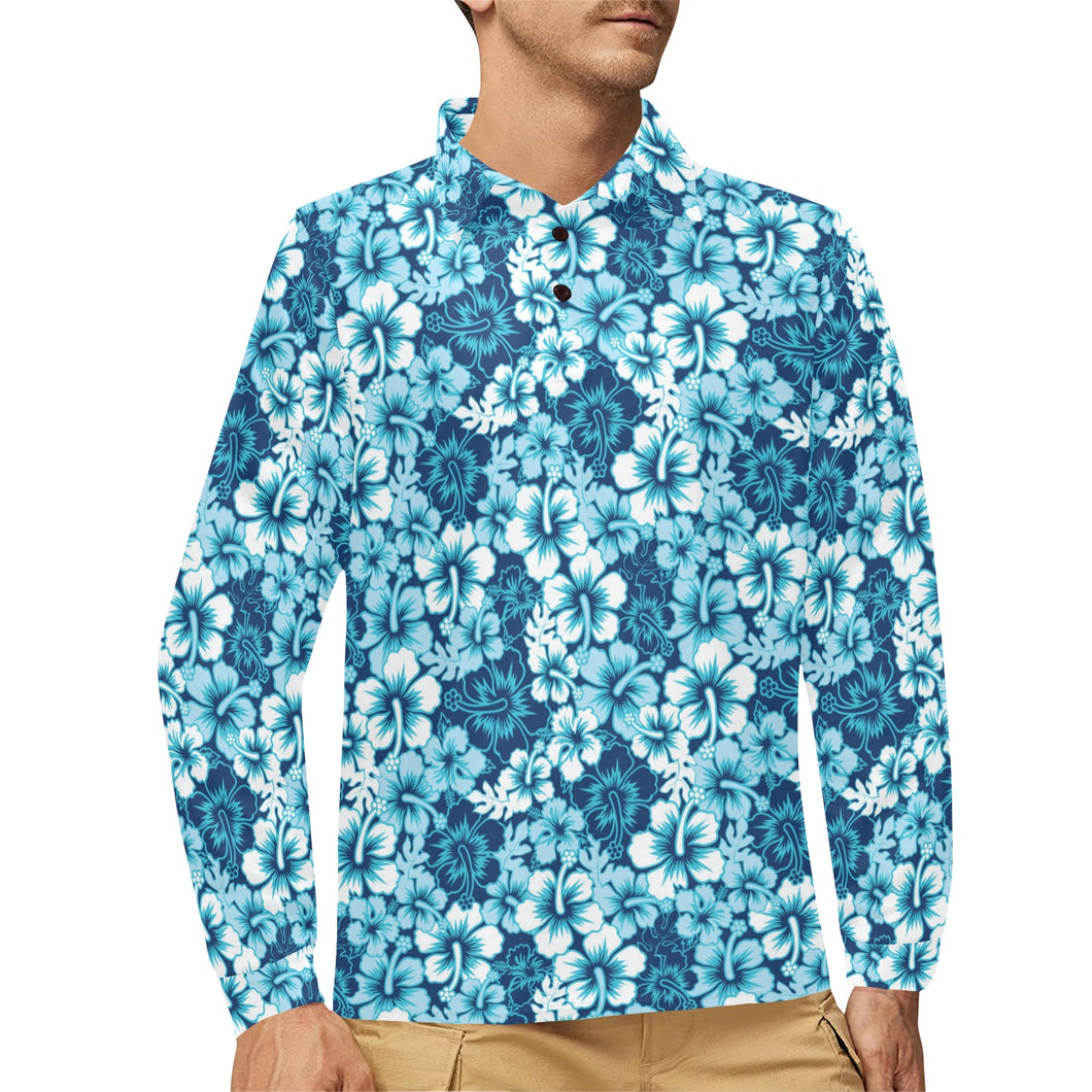 Hibiscus Pattern Print Design 03 Men's Long Sleeve Polo Shirt