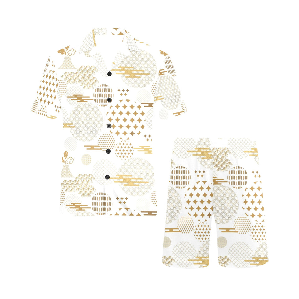 Beautiful gold japanese pattern Men's V-Neck Short Pajama Set