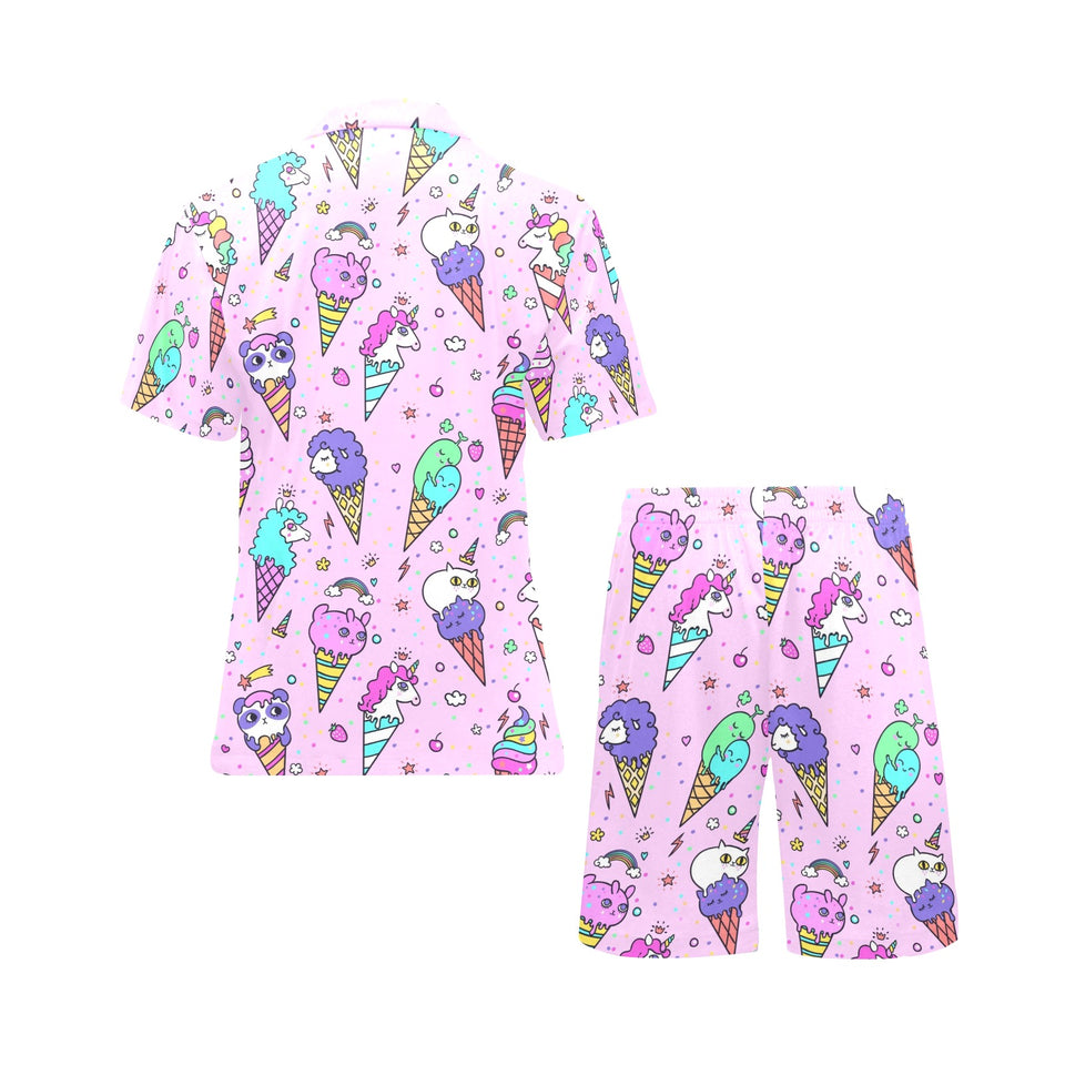 Cute ice cream cone animal pattern Men's V-Neck Short Pajama Set