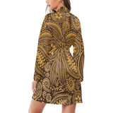cacao beans tribal polynesian pattern background Women's Long Sleeve Belted Night Robe