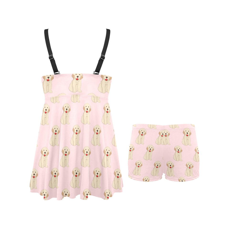 Golden Retriever Pattern Print Design 02 Chest Sexy Pleated Two Piece Swim Dress