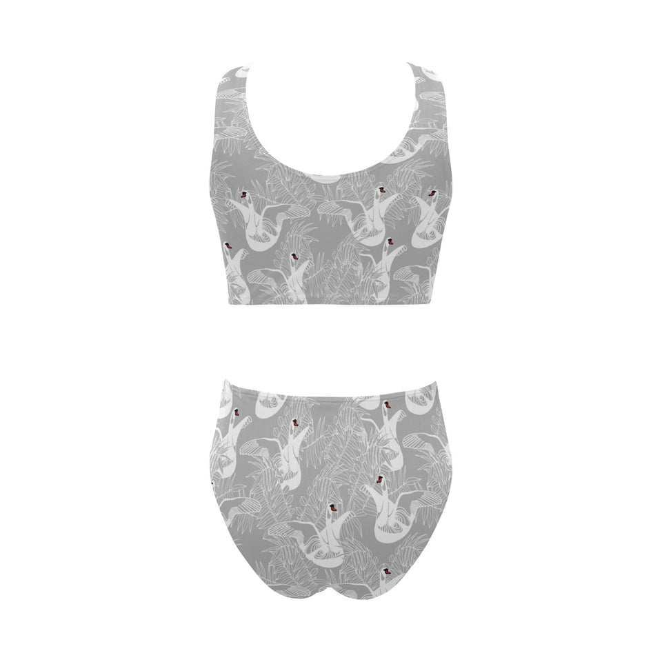 white swan gray background Chest Bowknot High Waisted Bikini Swimsuit