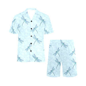 Dragonfly pattern blue background Men's V-Neck Short Pajama Set