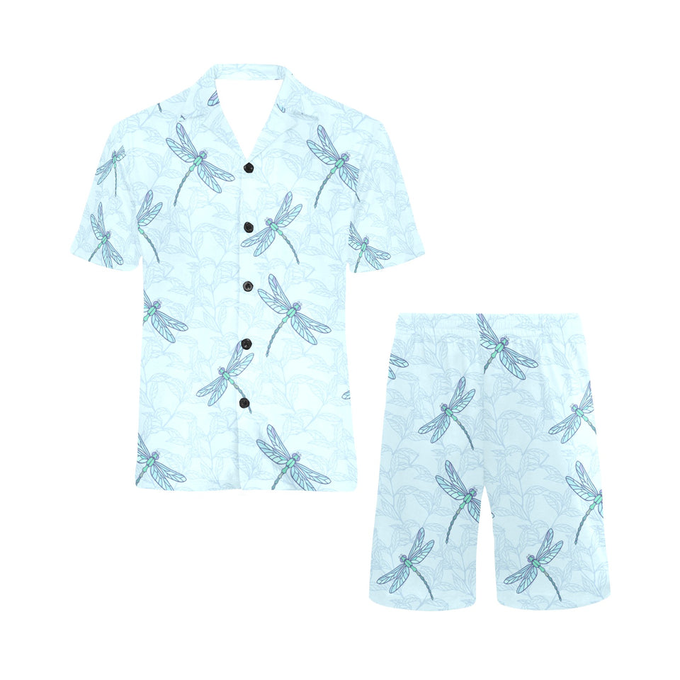 Dragonfly pattern blue background Men's V-Neck Short Pajama Set