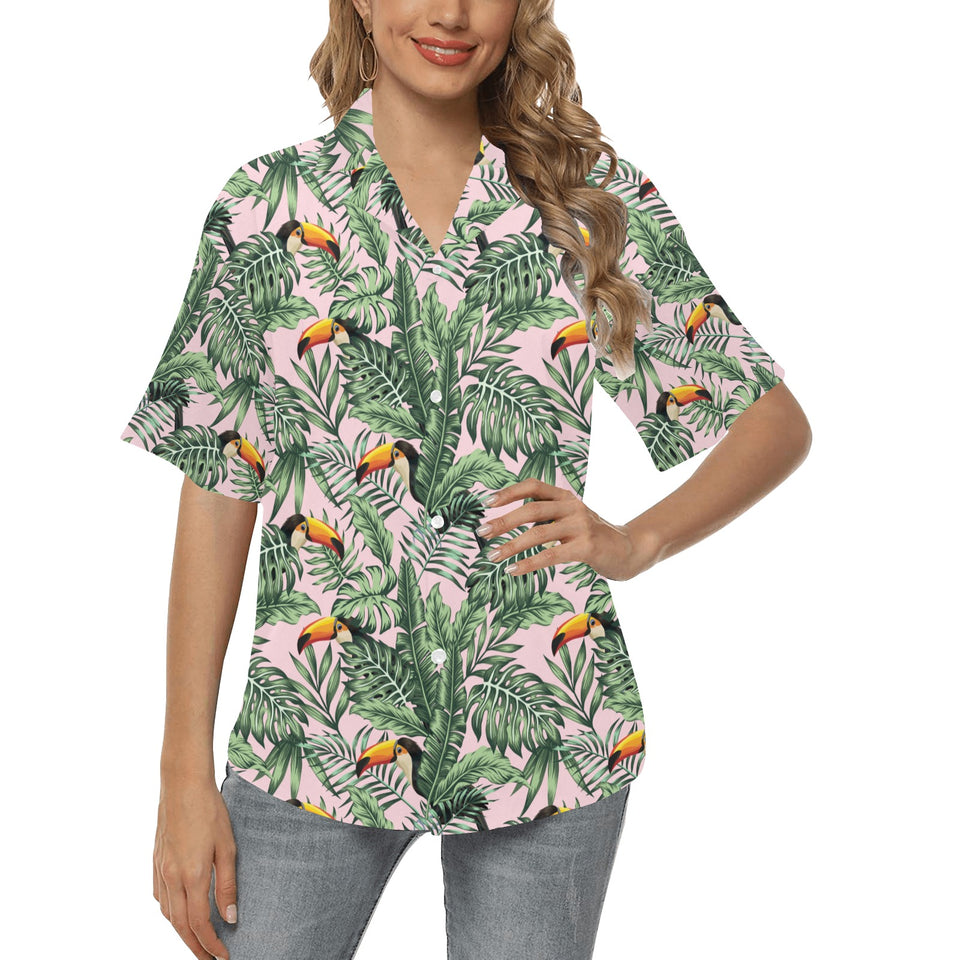 Toucan tropical green jungle palm pattern Women's All Over Print Hawaiian Shirt
