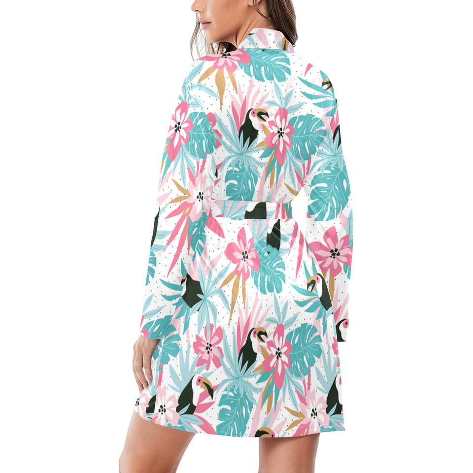 Toucan tropical flower leave pattern Women's Long Sleeve Belted Night Robe