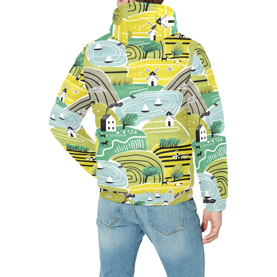 Hand drawn windmill pattern Men's Padded Hooded Jacket