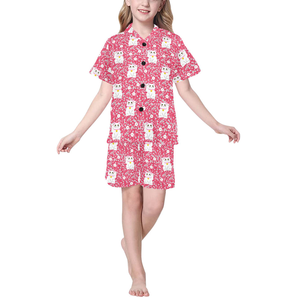 Maneki neko cat sakura pink background Kids' Boys' Girls' V-Neck Short Pajama Set