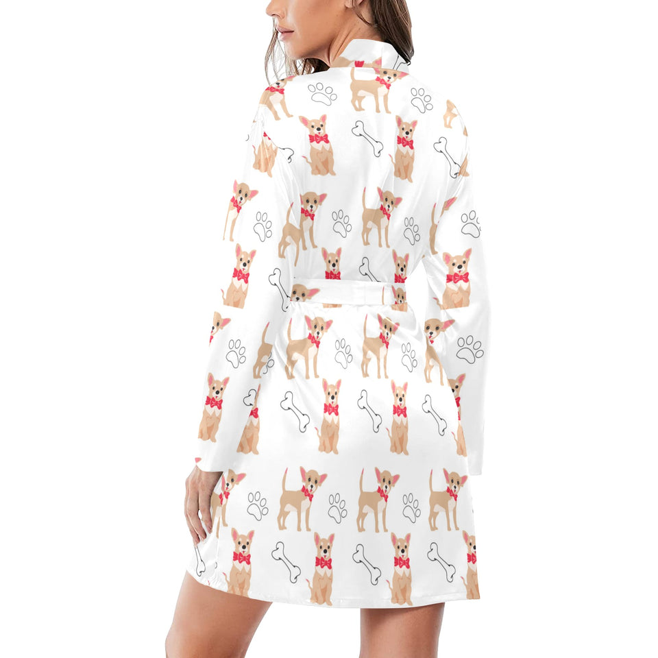 Chihuahua bone paw pattern Women's Long Sleeve Belted Night Robe