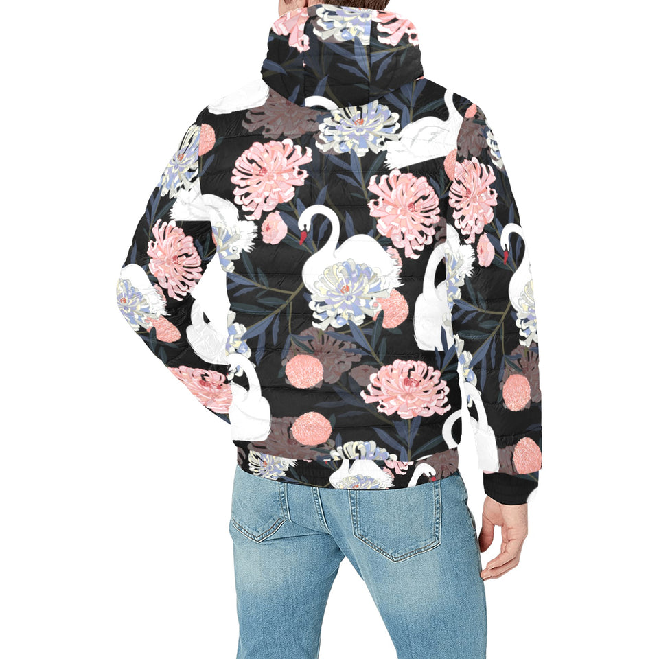 white swan blooming flower pattern Men's Padded Hooded Jacket