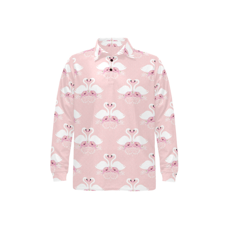 White swan and flower love pattern Men's Long Sleeve Polo Shirt