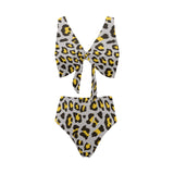 Gray Leopard print pattern Chest Bowknot High Waisted Bikini Swimsuit