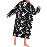 Saxophone music notes treble clef black white them Blanket Robe with Sleeves