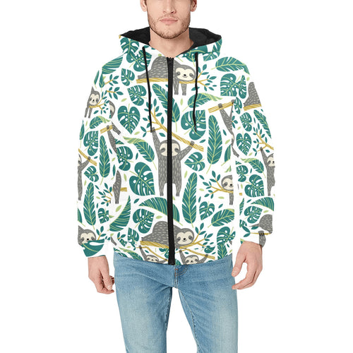 Cute sloths tropical palm leaves white background Men's Padded Hooded Jacket