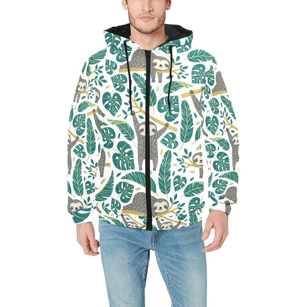 Cute sloths tropical palm leaves white background Men's Padded Hooded Jacket