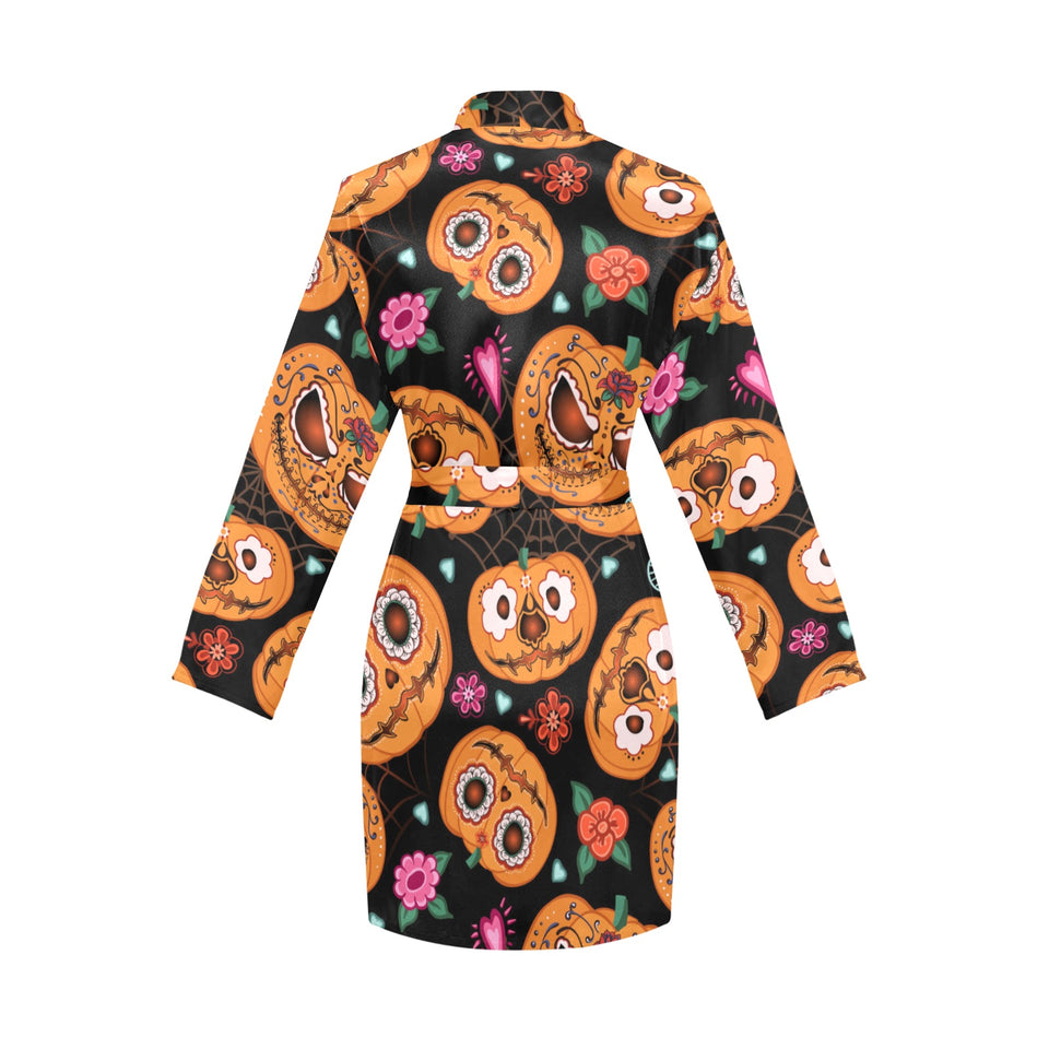 Pumpkin flowers spiderweb Halloween theme Women's Long Sleeve Belted Night Robe