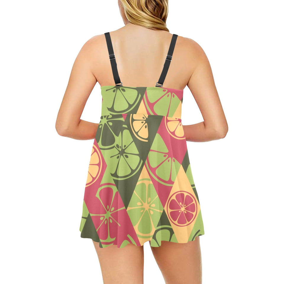 Cool Geometric lime pattern Chest Sexy Pleated Two Piece Swim Dress
