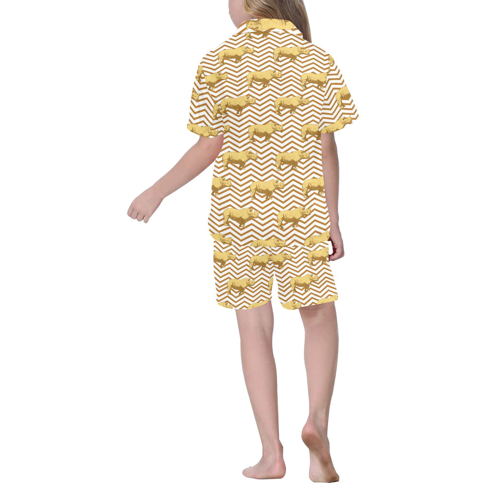 Rhino yellow theme pattern Kids' Boys' Girls' V-Neck Short Pajama Set