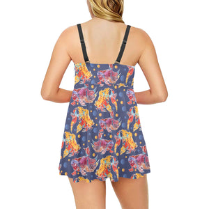 Goldfish Pattern Print Design 05 Chest Sexy Pleated Two Piece Swim Dress