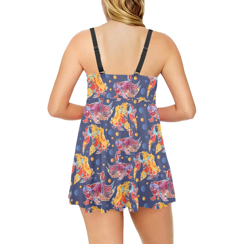 Goldfish Pattern Print Design 05 Chest Sexy Pleated Two Piece Swim Dress