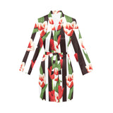 red and white tulips pattern Women's Long Sleeve Belted Night Robe