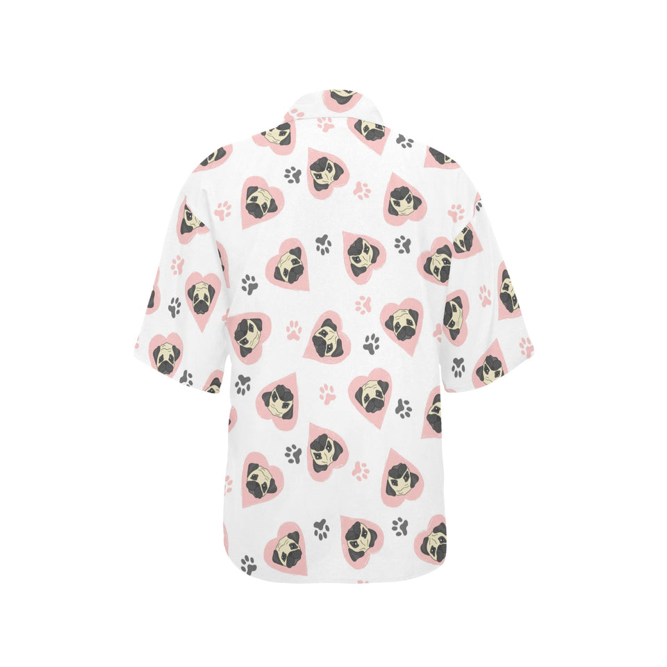 Cute pugs pink heart paw pattern Women's All Over Print Hawaiian Shirt