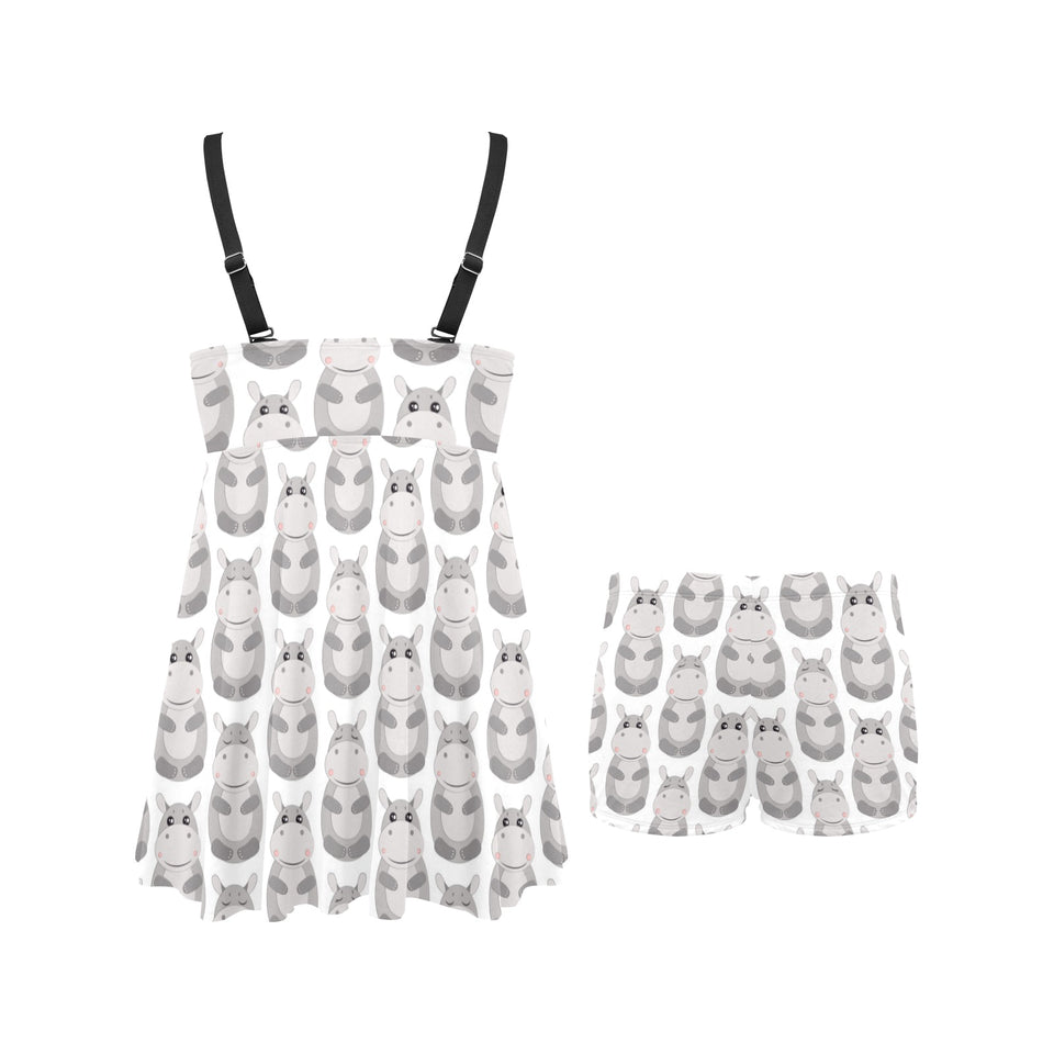 Hippopotamus Pattern Print Design 05 Chest Sexy Pleated Two Piece Swim Dress