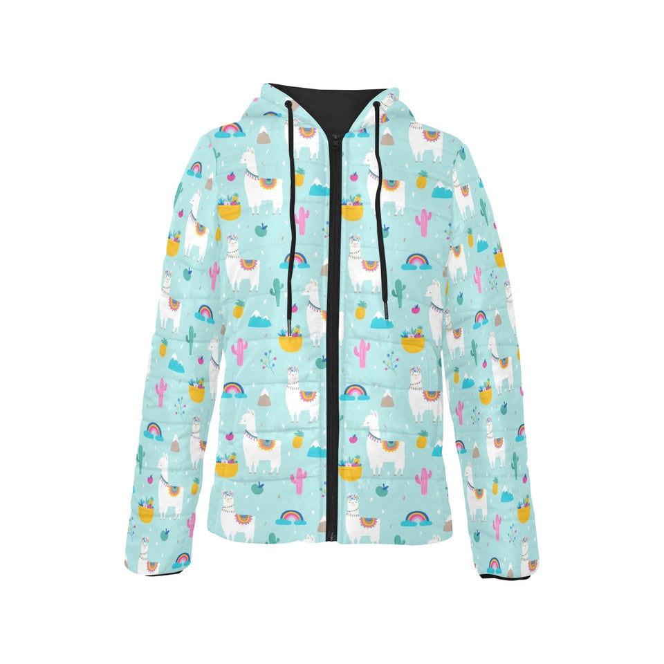 Llama alpaca cactus leaves pattern Women's Padded Hooded Jacket