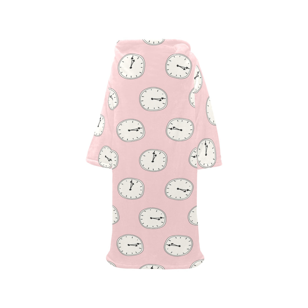 Clock pattern pink blackground Blanket Robe with Sleeves