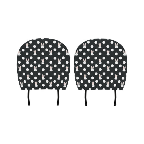 Cute white rabbit polka dots black background Car Headrest Cover