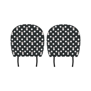 Cute white rabbit polka dots black background Car Headrest Cover